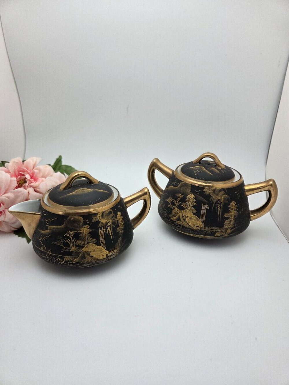 Vintage Japanese Matte Kutani Black Gold Trimmed Creamer and Sugar Set 1940 - 50